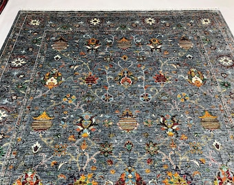8x10 Living Room Rug 11'12" x 8'8" ft| Afghan Area Rug, Blue Floral Mamluk