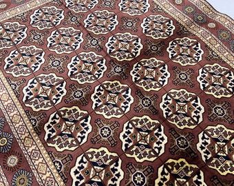 Turkish Wool Rug 211 x 153 cm | Afghan Khamyab Area Rug, Red Ivory Navy