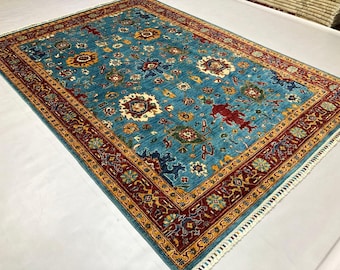 8'2x5'8 Mamluk Afghan Rug Handmade Rug | Traditional craftsmanship, Christmas gift, Living room rug, Anniversary, Teal rug, Entryway rug