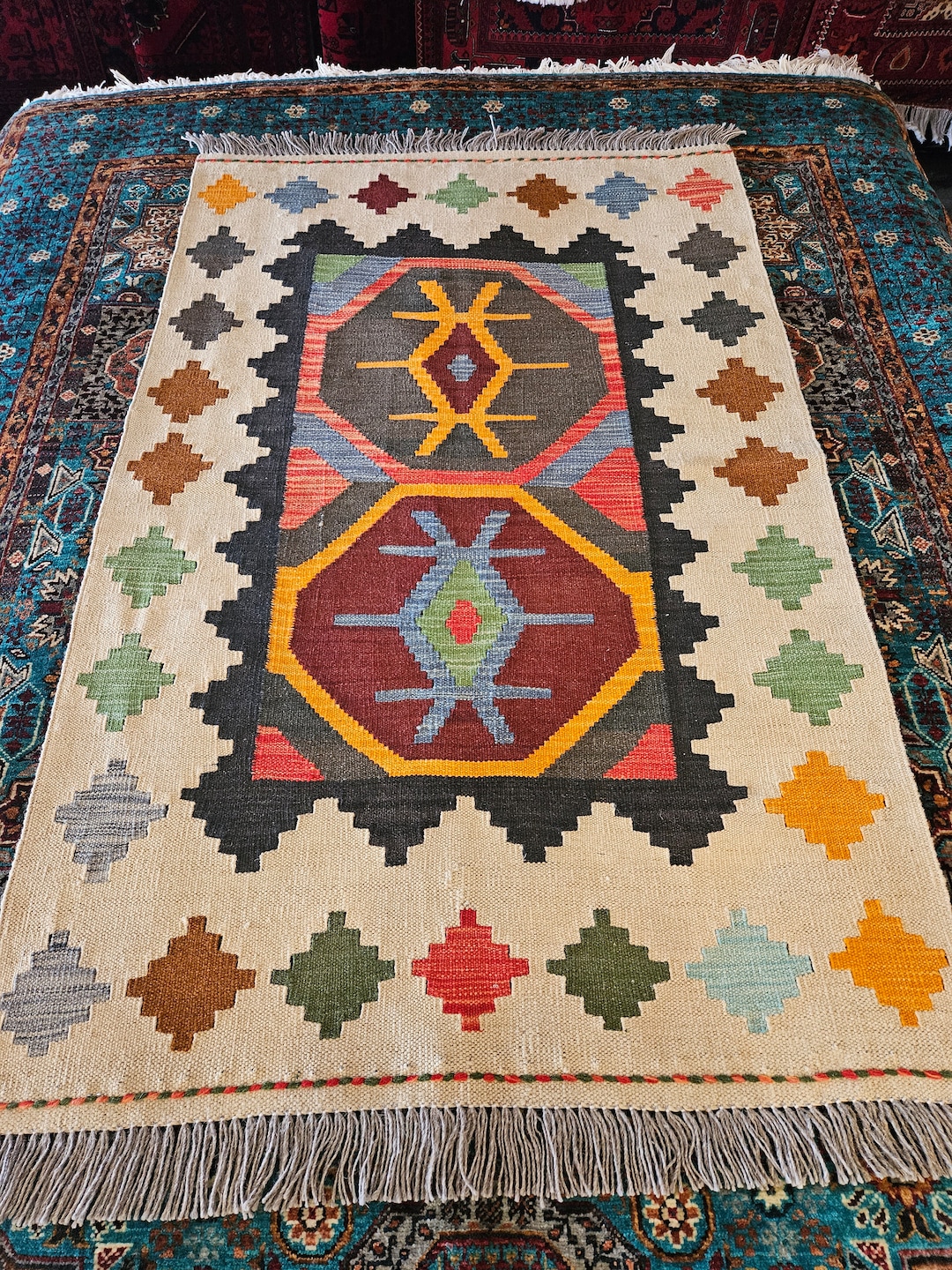 Kilim Rug Afghan Wool Kilim, Bathroom Rug, Faded Rug, Nursery Decor