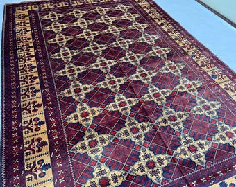 Best Wool Rug | 9'10" x 6'7" ft Afghan Volayati Area Rug, Red Navy Geometric