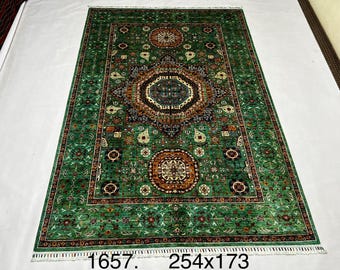 Extra Long Rug 254 x 173 cm| Afghan Mamluk Area Rug, Green Multi