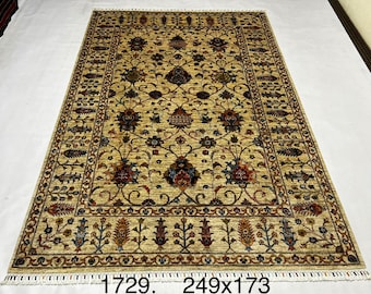 8x10 Wool Rug 249 x 173 cm | Afghan Mamluk Area Rug, Beige Red Navy Floral