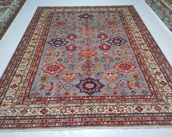 Handmade 8x10 Kazak Wool Rug | Afghan Tribal Design in Warm Red and Blue Tones