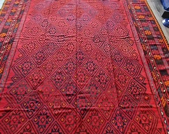 8'5X13'4 Ft Stunning Vintage Afghan Ghulmori Red Kilim Rug with Beautiful colors Geometric Design Handwoven Flat woven Big Size Kilim Rug