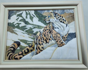 3D Handcrafted Snow Leopard Mosaic Wall Art | Semi-Precious Stone Patchwork | Unique Art wall hanging decor | Healing Crystal features