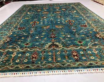 9'7x6'7 Mamluk Afghan Rug Handmade Rug | Funky rug, blue rug, Valentine's gift, exclusive rug, blankets, bed plans, teal rug, textured rugs