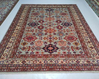 Authentic 8x10 Kazak Afghan Rug | Hand-Knotted Wool Tribal Carpet for Living Room