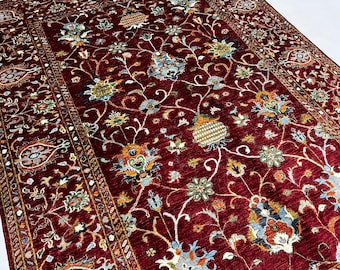 Mamluk Turkish Design  Rug 7'8" x 5'9" ft| Afghan Mamluk Area Rug, Red Floral