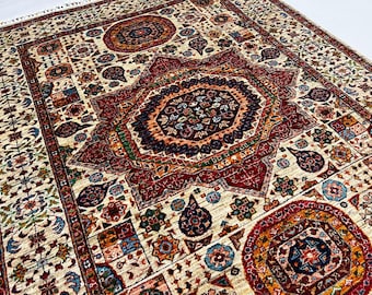 Medallion Rug 6'6" x 5'1" ft| Afghan Mamluk Area Rug, Red Ivory Navy