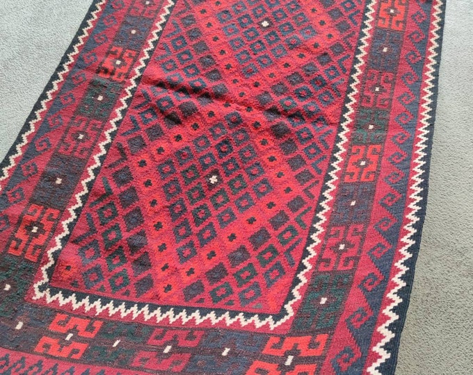 Runner Vintage Afghan Kilim Rug, Afghan Maimana Large Kilim, Flatweave Kilim, Geometric Design Kilim Rug, Persian Kilim Rug