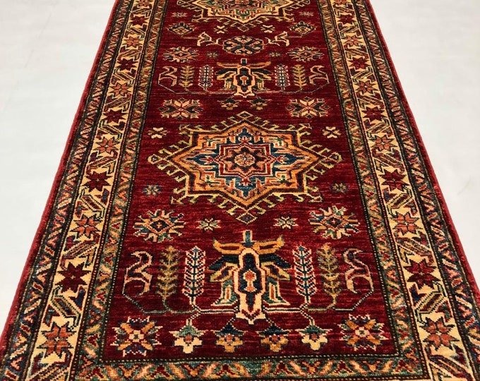 Handmade Runner 9x2.6 Feet Ghazni Afghan Rug, Persian Designed For Living Room | Wool Area Oriental Carpet, Maroon Colored