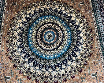 Oval Wool Rug 9'10" x 6'9" ft | Afghan Volayati Area Rug, Tan Navy
