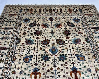 Living Room Rug 9X12| 363 x 276 cm Afghan Mamluk Area Rug, Ivory Multi Floral