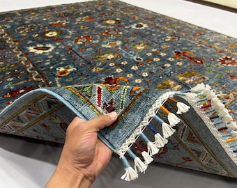 Round Carpet 7'9" x 5'9" ft| Afghan Area Rug, Slate Blue Floral Border
