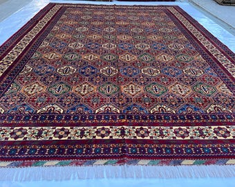 Small Wool Rug 11'8" x 8'6" ft | Afghan Merinos Area Rug, Red Navy Geometric