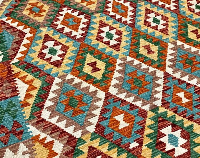 7x10 Afghan Kilim, sumac rug, home decor rug, antique distressed persian rug, rug pad, fringe rug, turkish kilim rug, area rug, white rug
