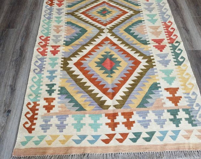 4X6 Ft Afghan Kilim rug, bedroom rug, kitchen rug, bokhara rug, floor rug, dusty rose rug, Persian rug, office rug, indoor rug, aztec rug