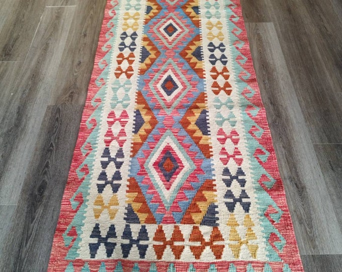 Runner Kilim afghan wool rug, decorative rug, hand made rug, entryway rug, handmade flatvoven rugs, faded rug, home decor rug, Navajo rugs