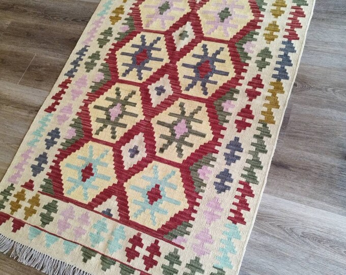 3x5 Kilim rug Afghan Wool Kilim, anniversary, Gift For Mom, bedroom rug, Gift for him, gift for her, fluffy office rug, Kilimrug, small rug