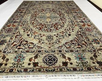 Wool Area Rug 10'4" x 6'8" ft | Afghan Mamluk Floral Medallion, Ivory Multi