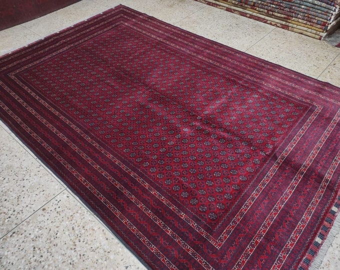 7X10 Ft Afghan Famous Khojaroshnai well-made Handknotted Red Blue Morigol Rug, Bokhara Rug