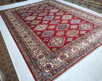 9x12 Afghan Kazak Rug – Hand-Knotted Wool Carpet with Red & Tribal Motifs