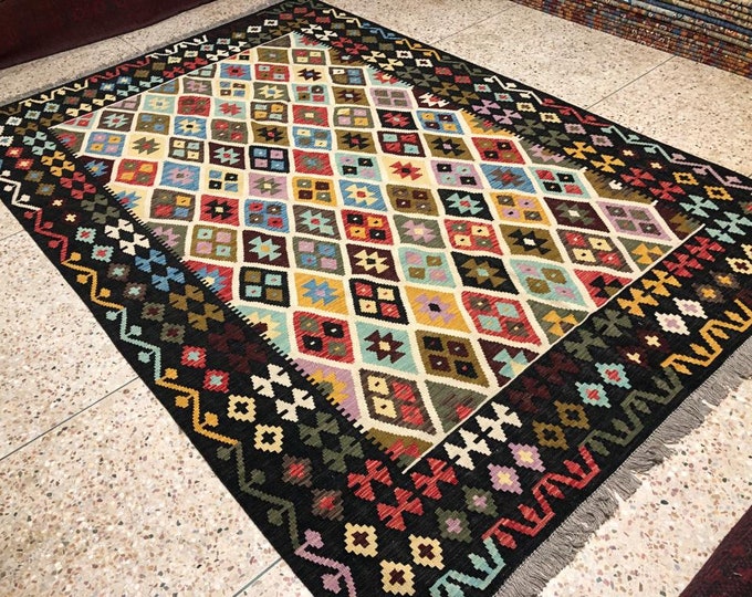 7x10 Afghan Kilim, navajo rug, abstract rug, entrance rug, wall hanging, chindi rug, blankets, boho rug, bohemian rug, hand made rug, hooked