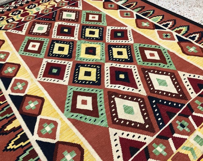7x10 afghan kilim,  turkey rug, modern furniture, woven rug, white rug, leather bags, colorful rug, dusty rose rug, baluch rug, housewarming