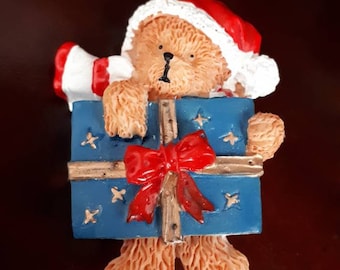 Vintage Christmas Teddy Bear Pin: Hard Plastic Holiday Brooch