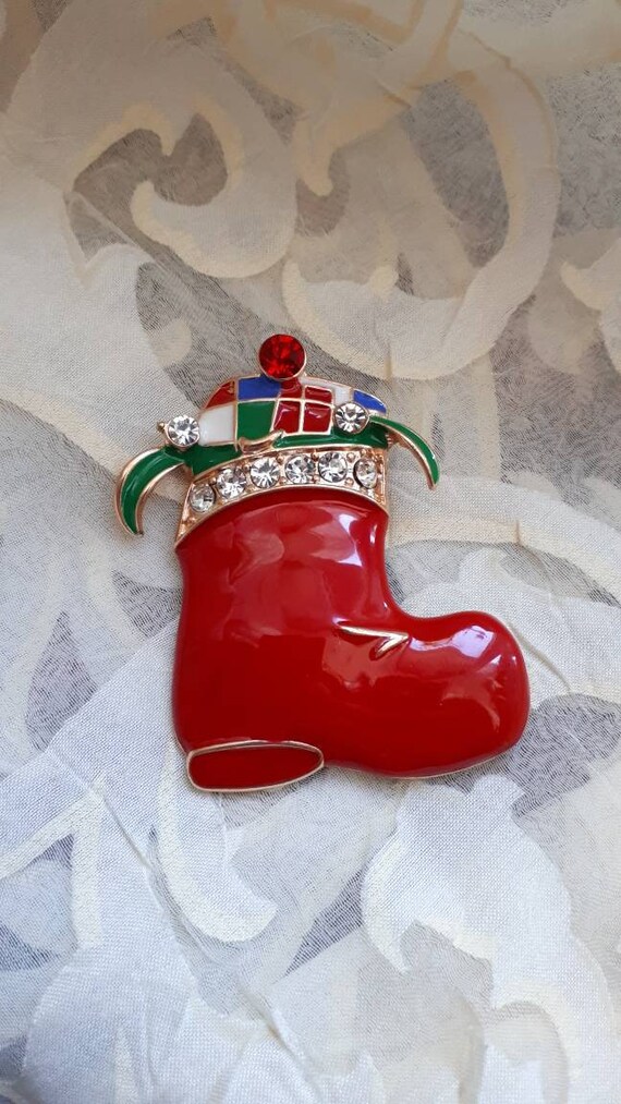 Cute vintage christmas red enamel Santa boot full… - image 7