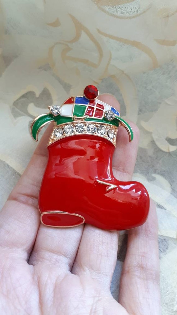 Cute vintage christmas red enamel Santa boot full… - image 6