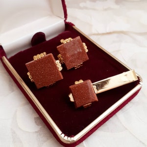 Vintage Set of Gold Tone Cufflinks and Tie Clip with Goldstone. Gift Idea.