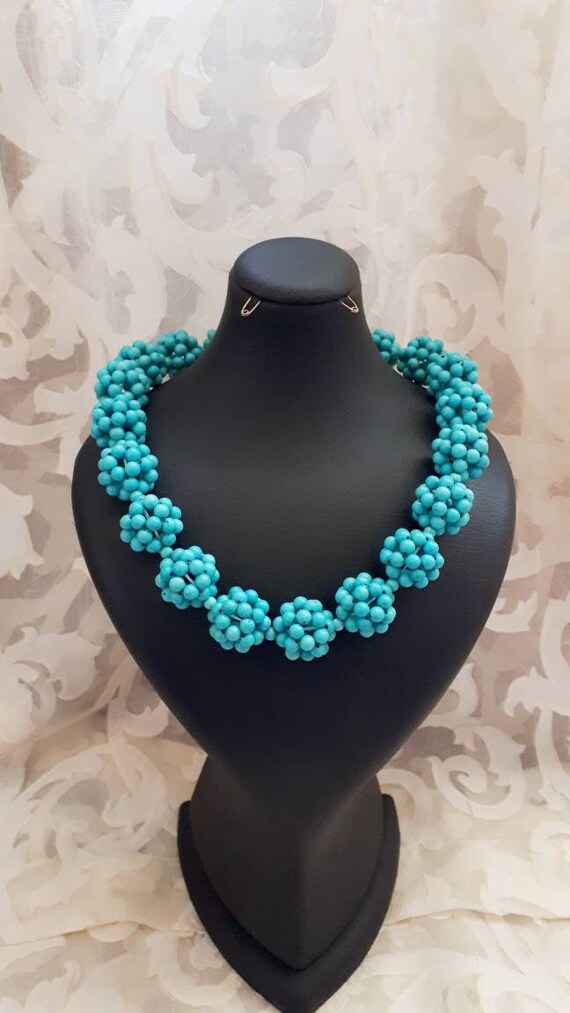 Pretty Glass Pendant Turquoise Ball Bead Necklace Gift for Her, Beaded Choker Blue Beaded Choker Pendant
