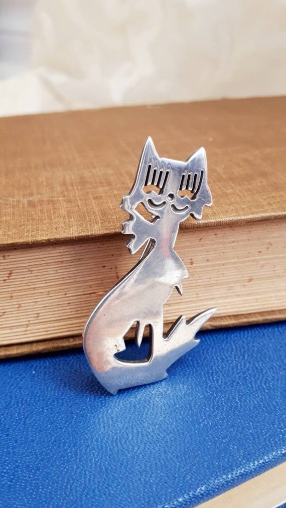 Vintage Sterling Silver Mexican Cat Brooch - Unisex Cartoon Pin