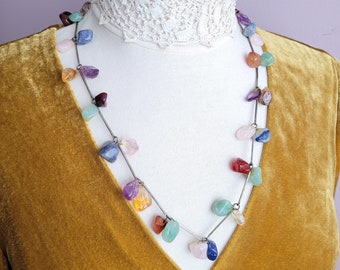 Collier vintage avec pierres précieuses multicolores : pierre semi-précieuse de 25 pouces