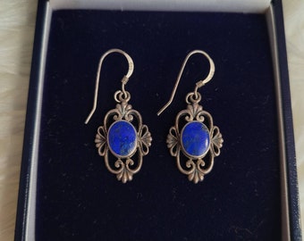 Vintage sterling silver, lapis lazuli dangle drop pierced earrings. Marked. Gift idea