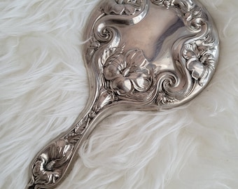 Vintage Marilyn Monroe Silver Plated Hand Mirror. Floral Art Nouveau Style Hand Held Mirror, Dressing Mirror. Vanity Mirror. Circa 1940's