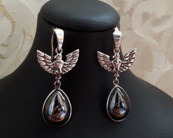 Orecchini pendenti vintage in argento sterling a forma di uccello fenice con ematite