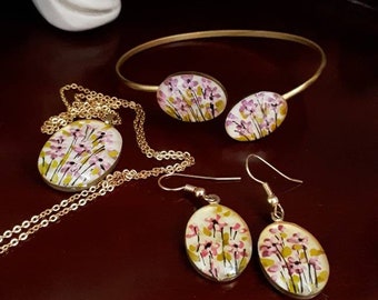 Heerlijke vintage set ketting, oorbellen en armband. Handgeschilderd. Cadeau voor haar