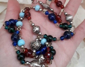 Vintage Art Glass Beaded Necklace: Multicolor Tribal Style, 30"