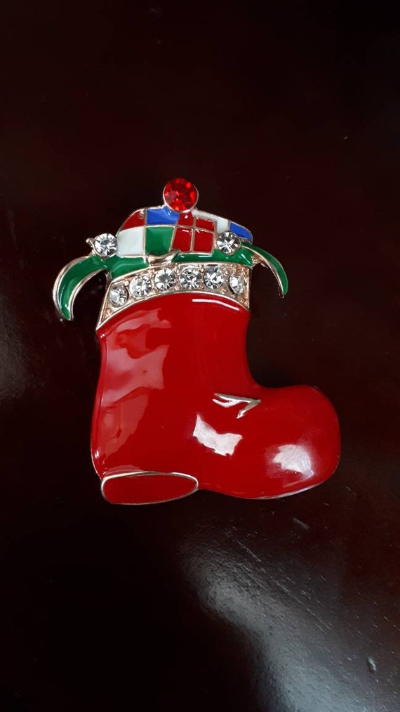 Cute vintage christmas red enamel Santa boot full… - image 2