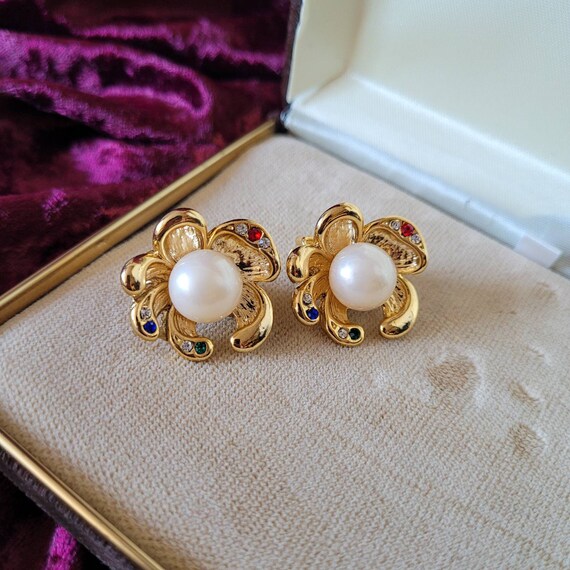 Boucles D'oreilles Clips Vintage - Fleur Relief Jaune Et Perle Blanche - Parfait état