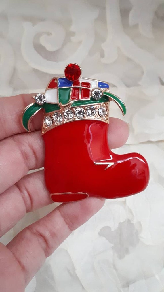 Cute vintage christmas red enamel Santa boot full… - image 5