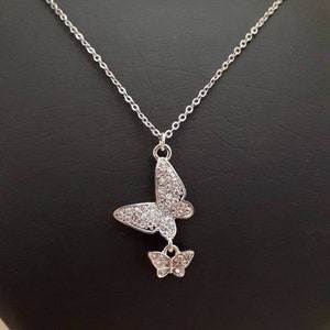 Silver Tone Butterfly Pendant Necklace with Rhinestones