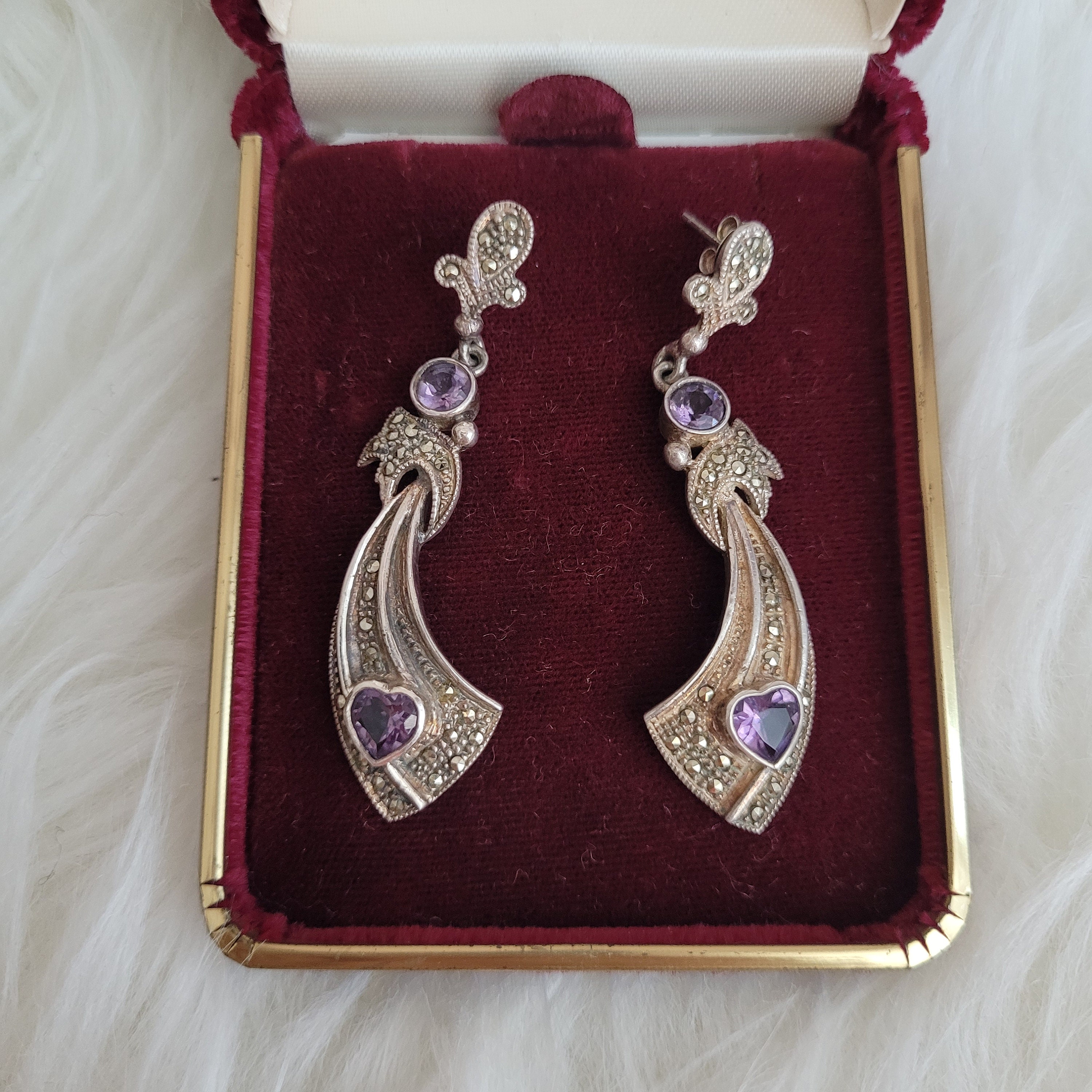 Boucles D'oreilles Pendantes Cœur En Verre Améthyste & Marcassite - Argent 925 - Neuf