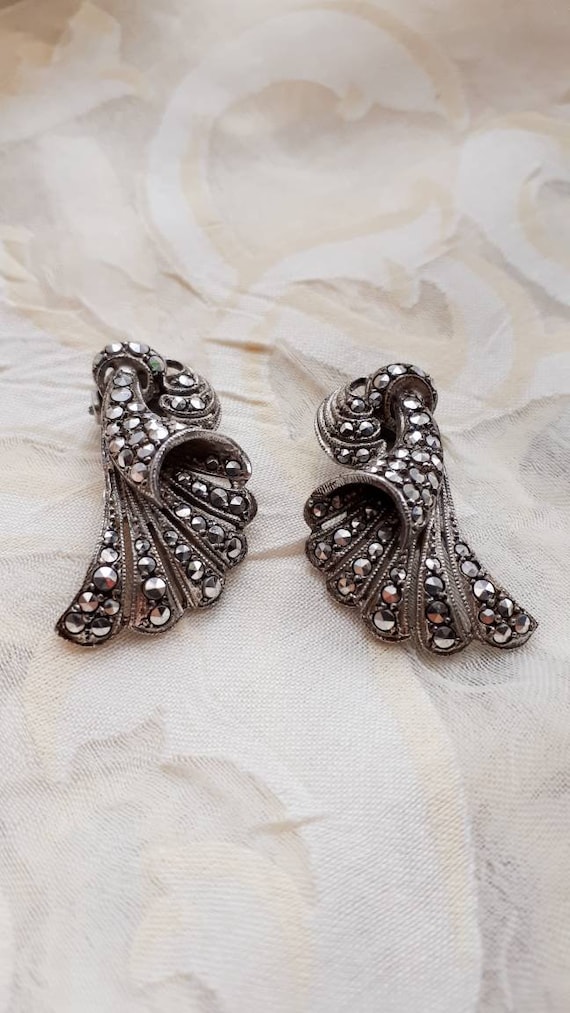 Vintage Birks Sterling Silver and Marcasite Stone Clip on Earrings