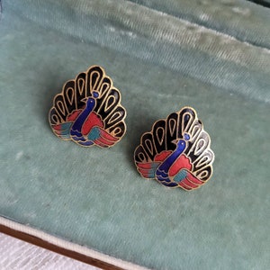 Vintage peacock cloisonne earrings. Stud pierced earrings. Gift idea.