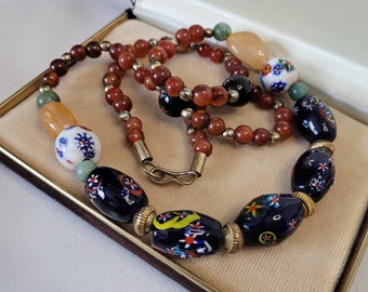 Collier Millefiori Antique en Verre de Murano, Cornaline et Chrysoprase