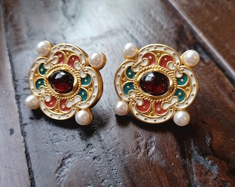 Vintage Museum Reproduction Clip On Earrings: Garnet, Pearls, Enamel